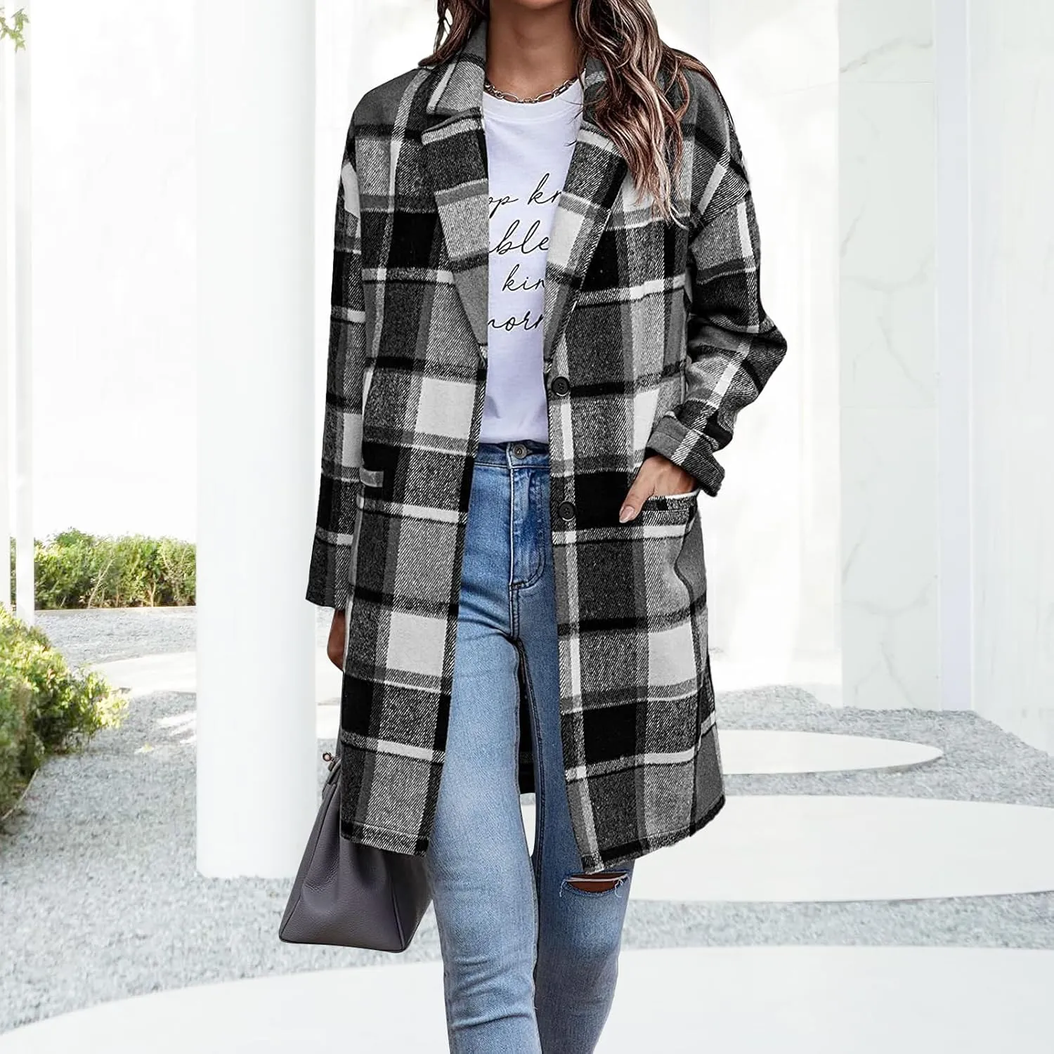 Women's Plaid Shacket Jacket Casual Button Wool Blend Winter Tartan Trench Coat With Pockets