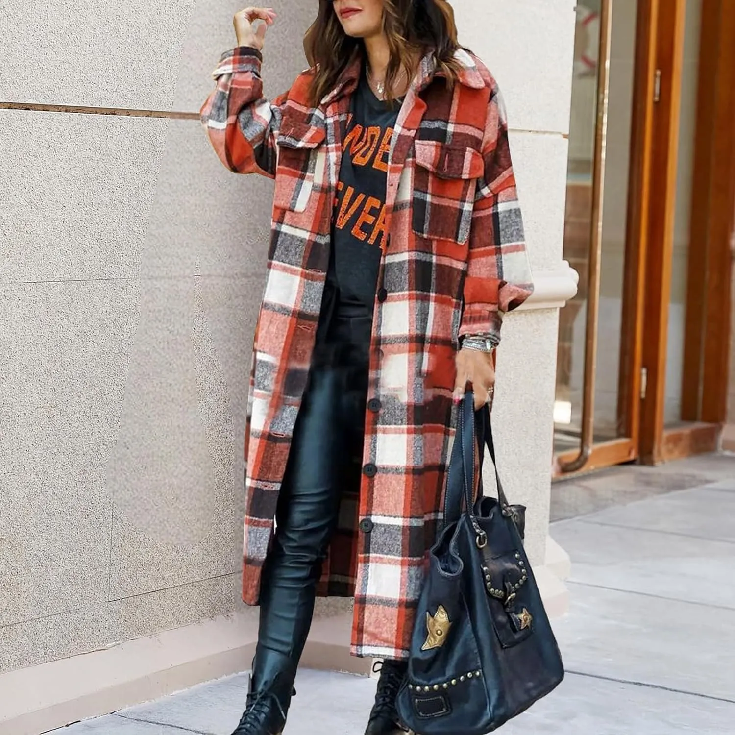 Women's Plaid Shacket Jacket Casual Button Wool Blend Winter Tartan Trench Coat With Pockets