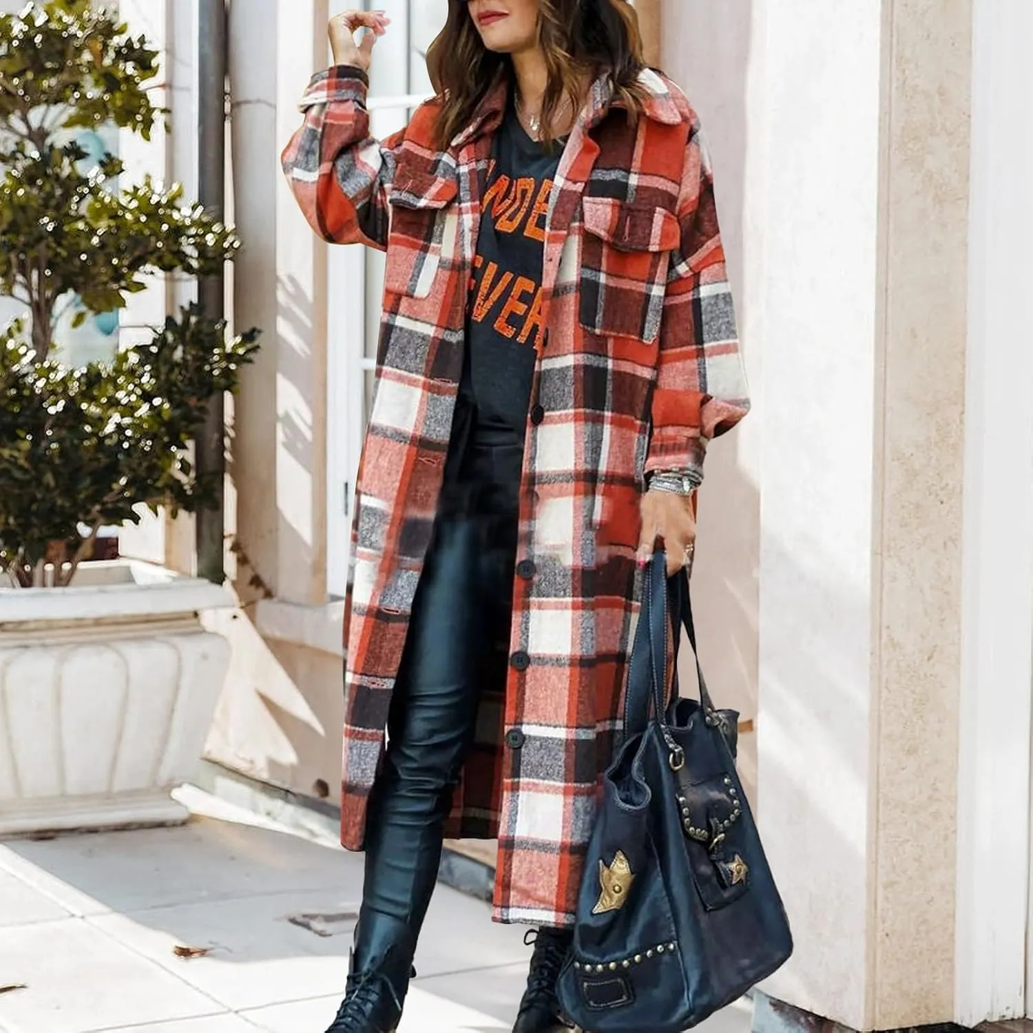 Women's Plaid Shacket Jacket Casual Button Wool Blend Winter Tartan Trench Coat With Pockets