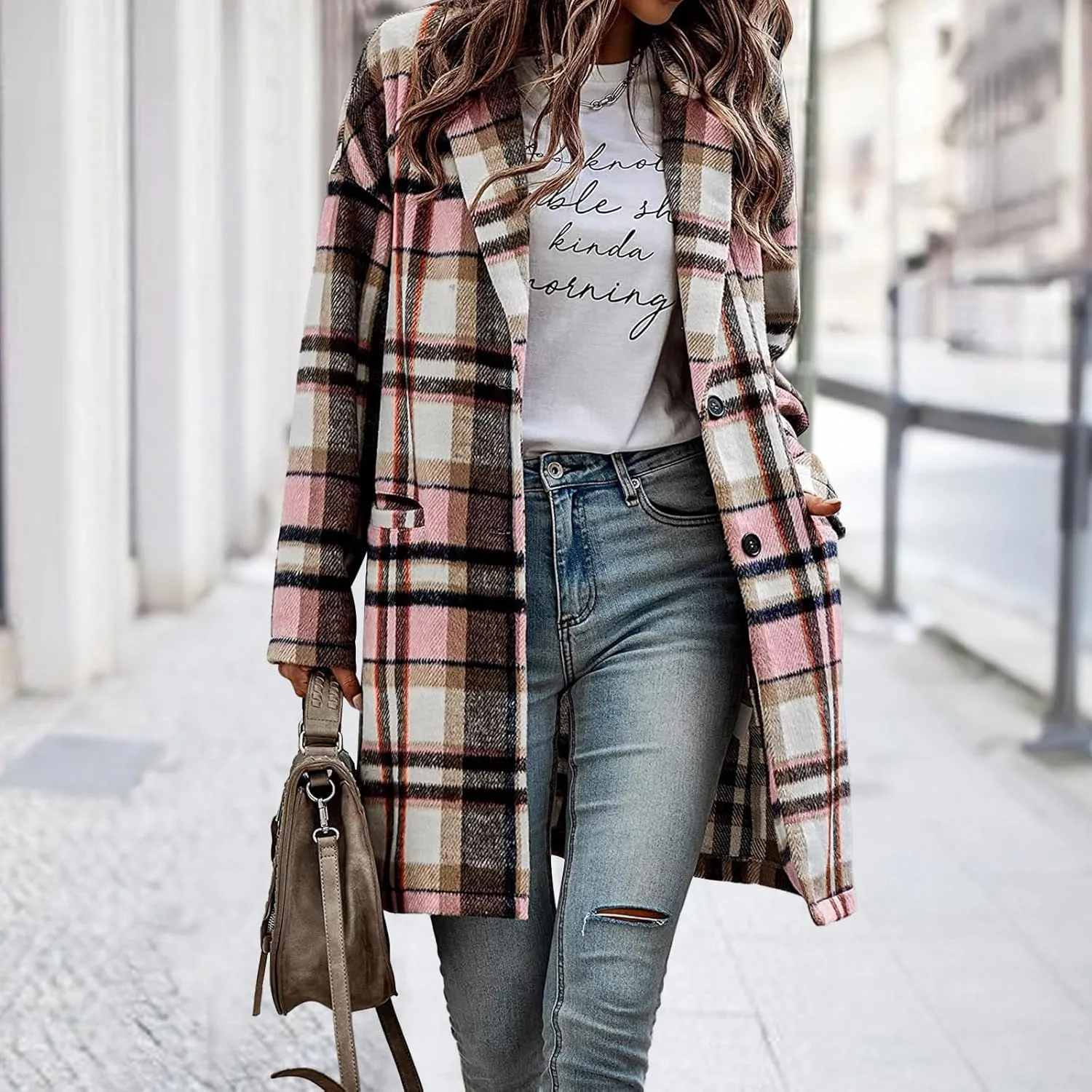 Women's Plaid Shacket Jacket Casual Button Wool Blend Winter Tartan Trench Coat With Pockets