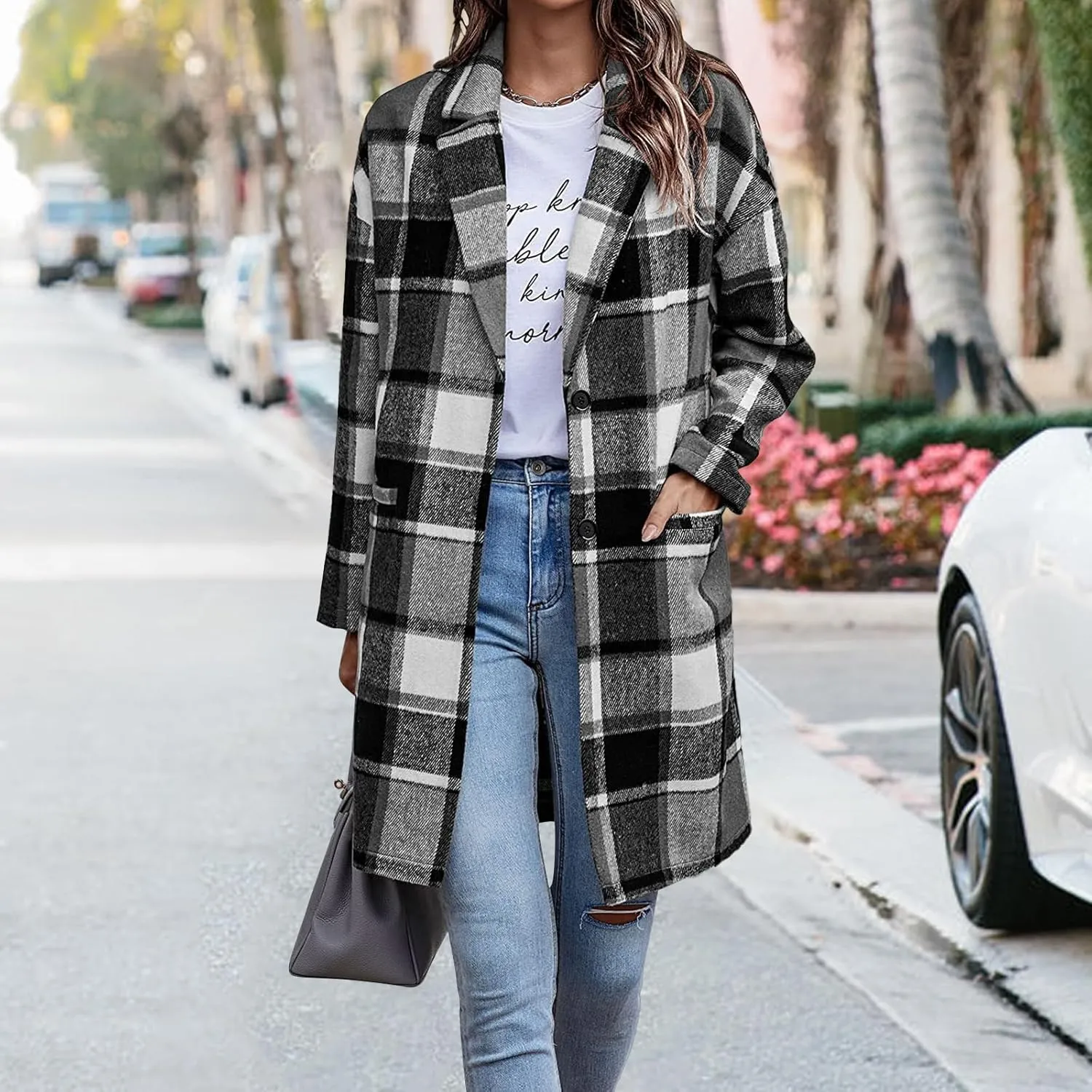 Women's Plaid Shacket Jacket Casual Button Wool Blend Winter Tartan Trench Coat With Pockets
