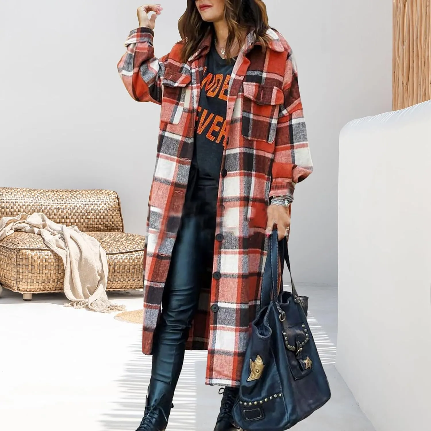 Women's Plaid Shacket Jacket Casual Button Wool Blend Winter Tartan Trench Coat With Pockets