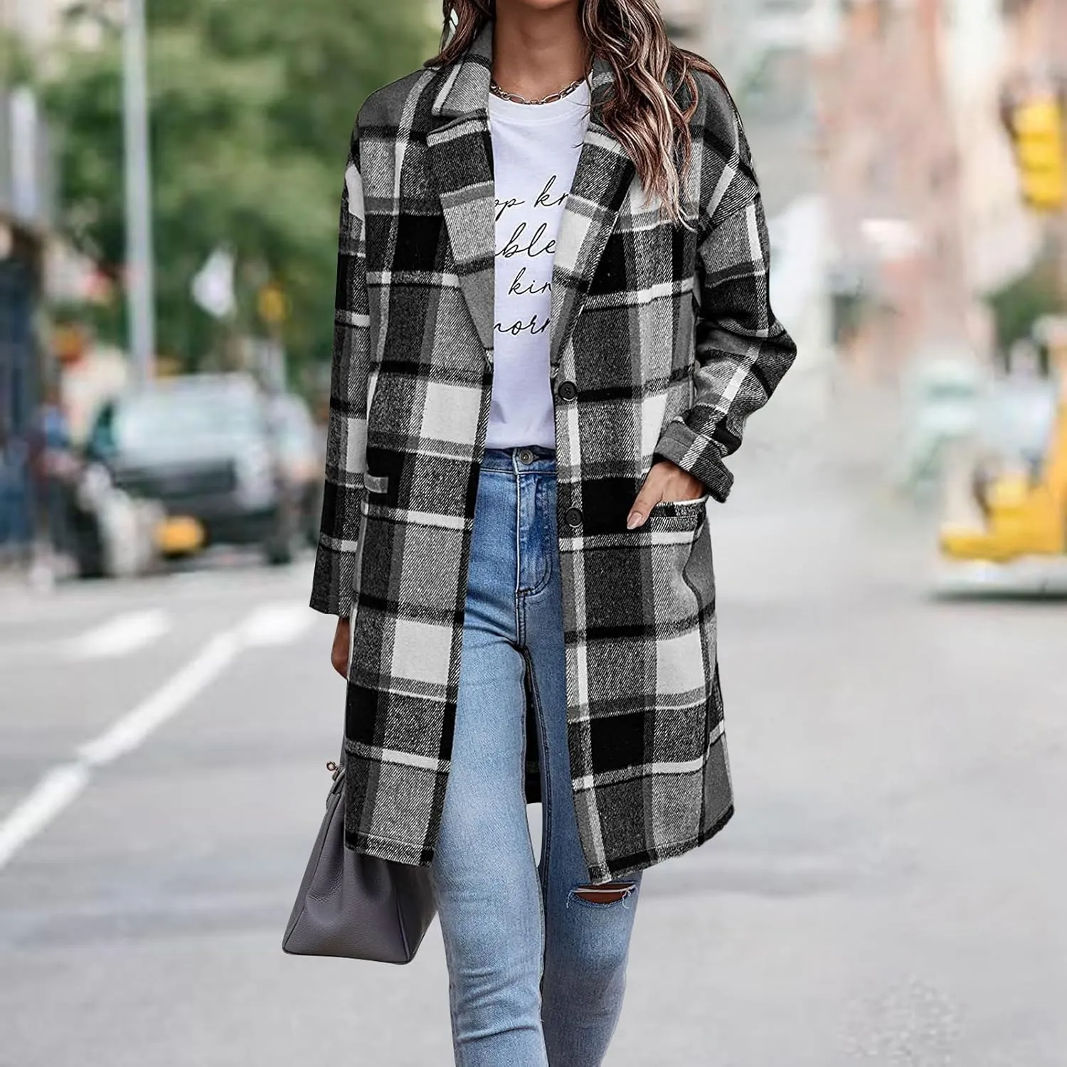 Women's Plaid Shacket Jacket Casual Button Wool Blend Winter Tartan Trench Coat With Pockets