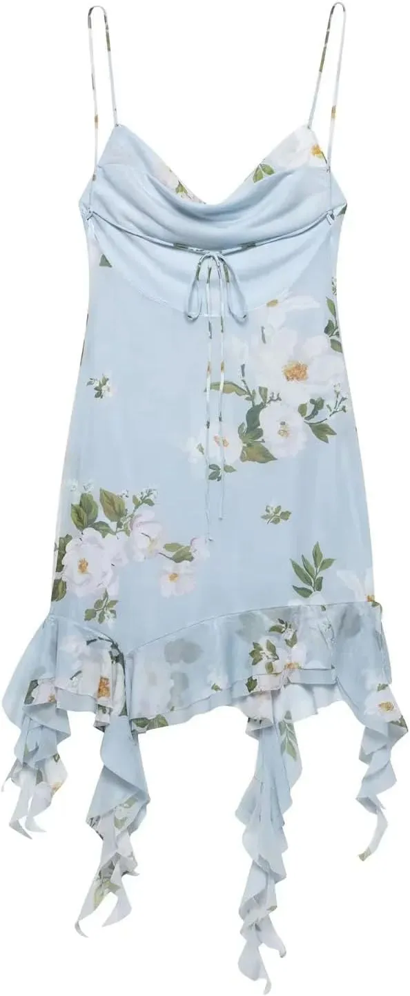 Women's Pleated Mini Dress V Neck Sleeveless Floral Print Backless Party Suspender Dress