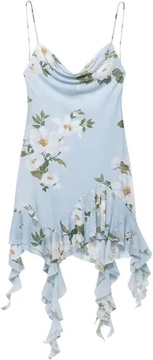 Women's Pleated Mini Dress V Neck Sleeveless Floral Print Backless Party Suspender Dress