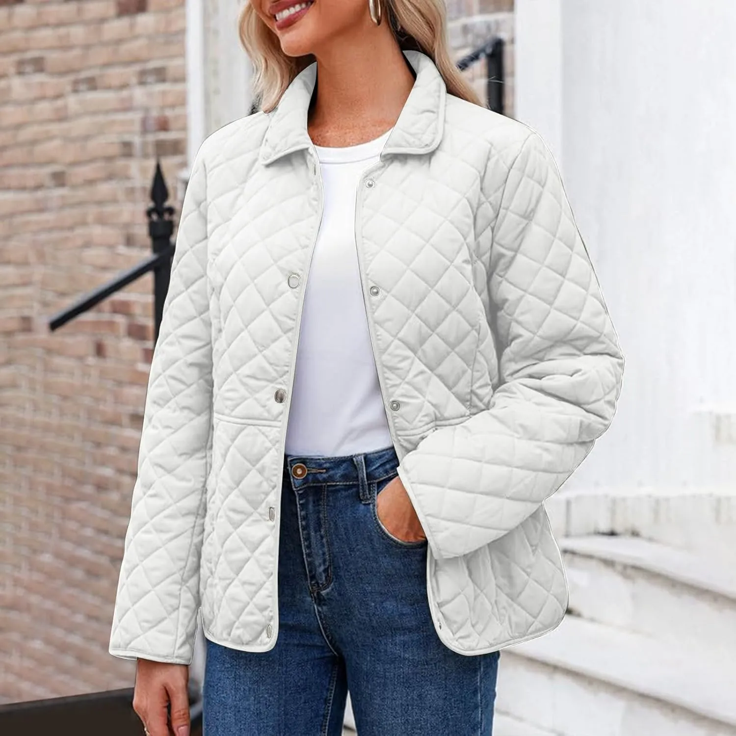 Women's Puffer Jacket Long Sleeve Button Down Lapel Quilted Coats Casual Lightweight Outwear Jacket With Pockets