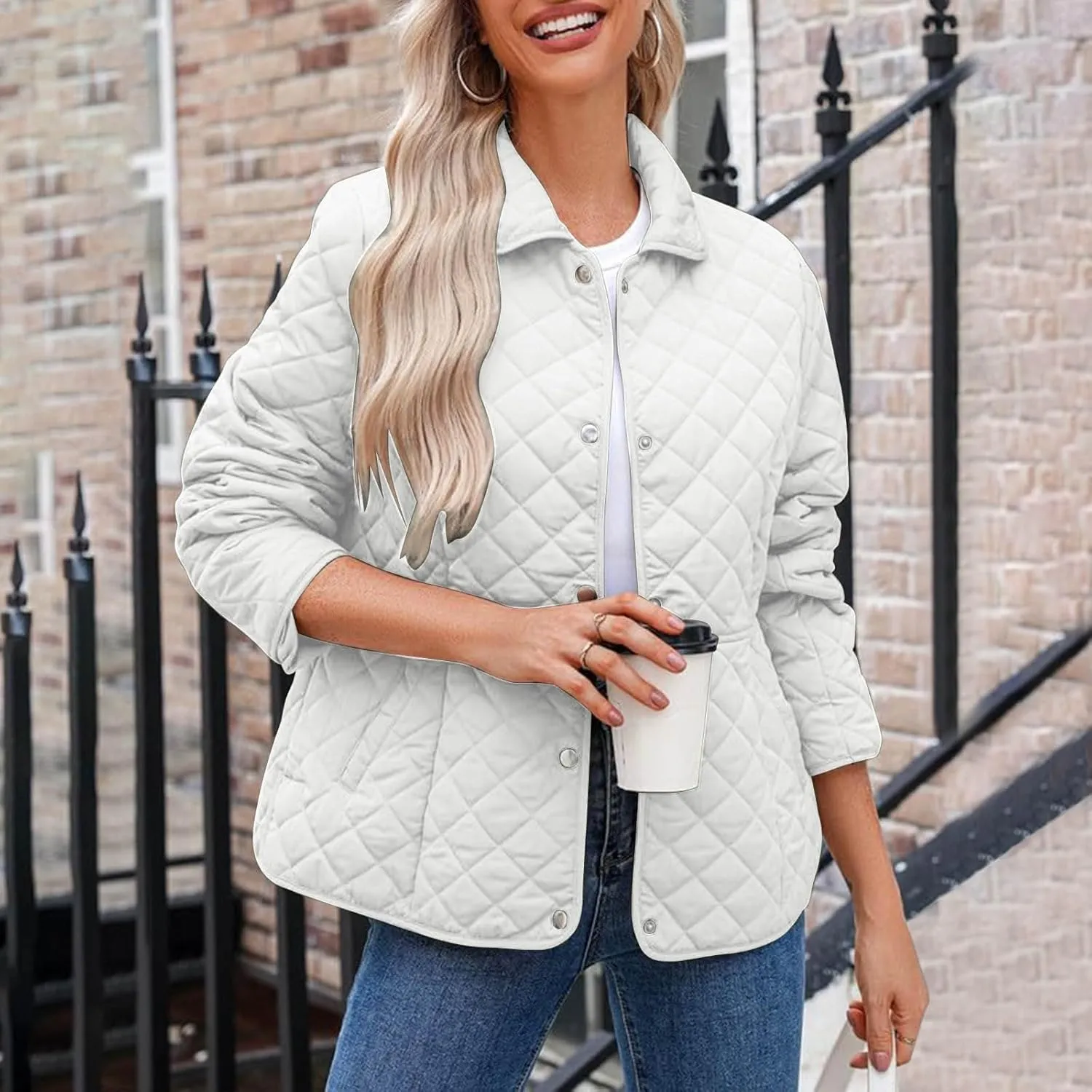 Women's Puffer Jacket Long Sleeve Button Down Lapel Quilted Coats Casual Lightweight Outwear Jacket With Pockets