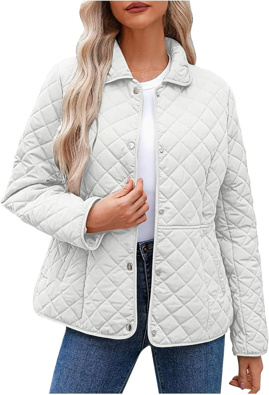Women's Puffer Jacket Long Sleeve Button Down Lapel Quilted Coats Casual Lightweight Outwear Jacket With Pockets