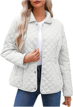 Women's Puffer Jacket Long Sleeve Button Down Lapel Quilted Coats Casual Lightweight Outwear Jacket With Pockets