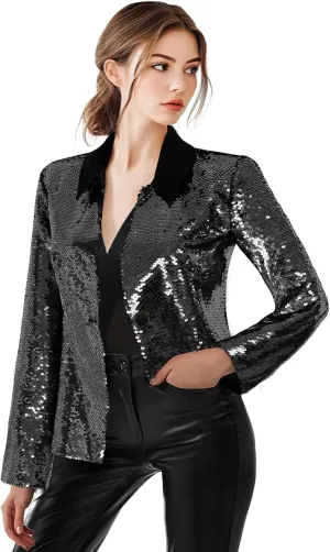 Women's Sequin Jackets Long Sleeves Single Button Casual Sparkly Coat with Pocket