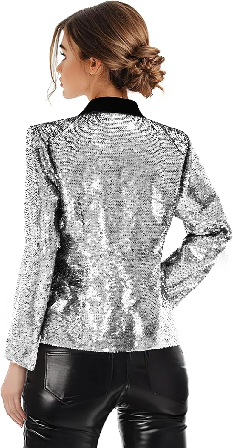 Women's Sequin Jackets Long Sleeves Single Button Casual Sparkly Coat with Pocket