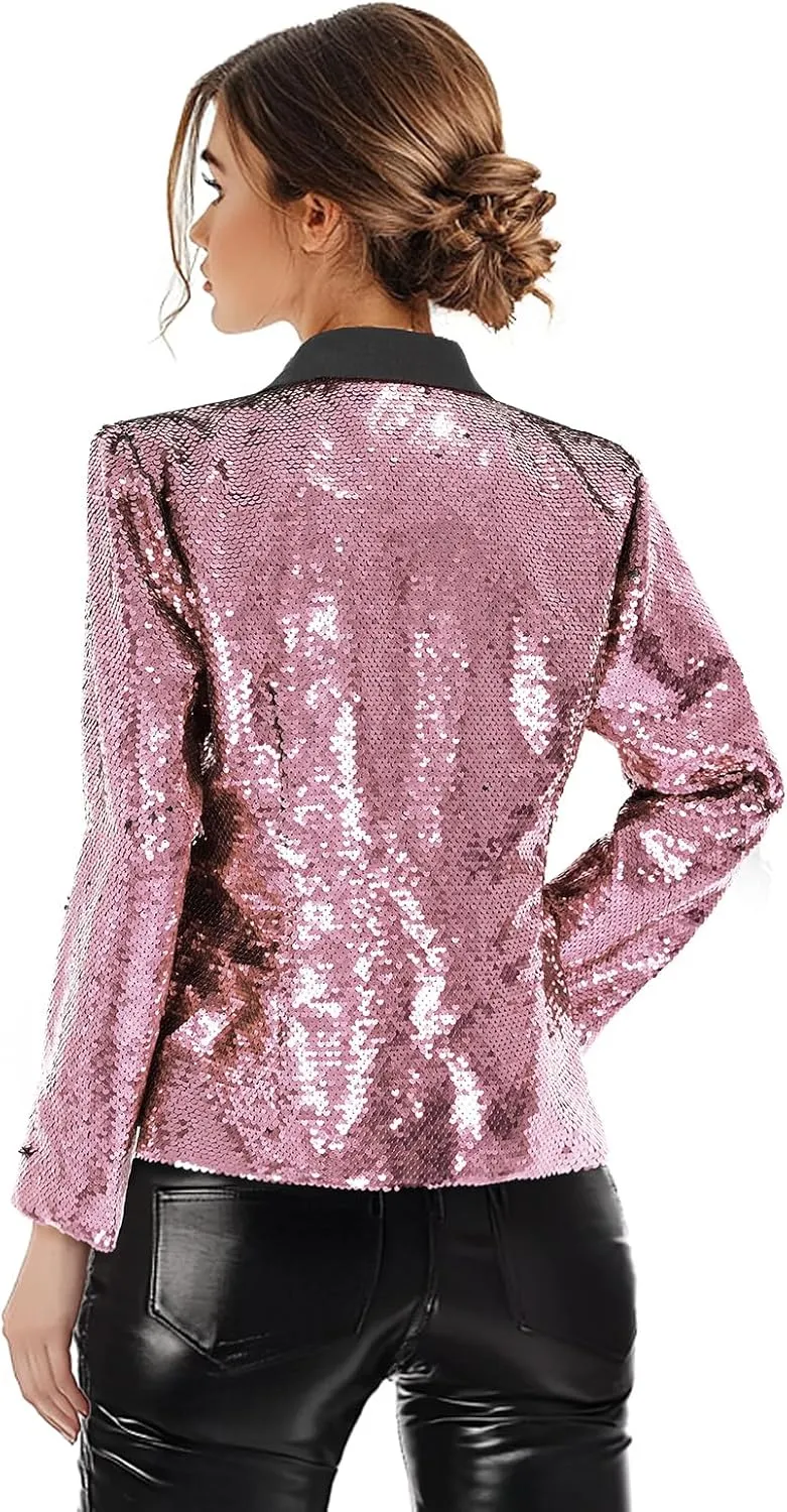 Women's Sequin Jackets Long Sleeves Single Button Casual Sparkly Coat with Pocket