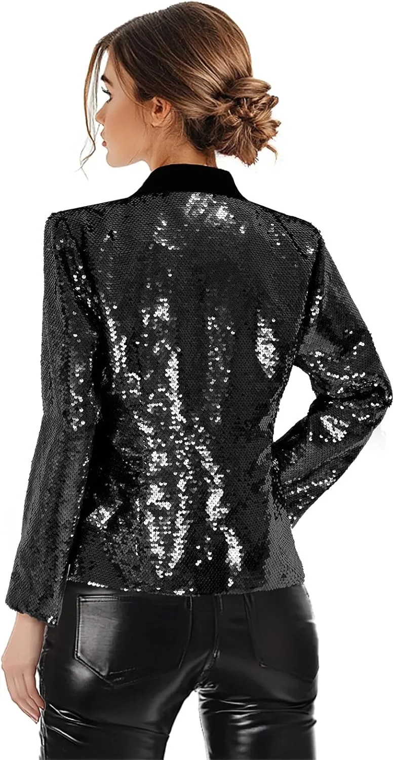 Women's Sequin Jackets Long Sleeves Single Button Casual Sparkly Coat with Pocket