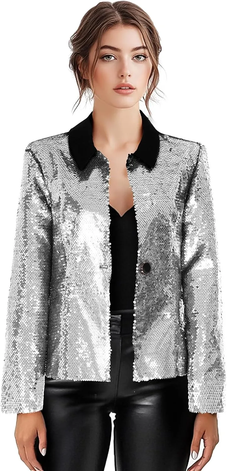 Women's Sequin Jackets Long Sleeves Single Button Casual Sparkly Coat with Pocket