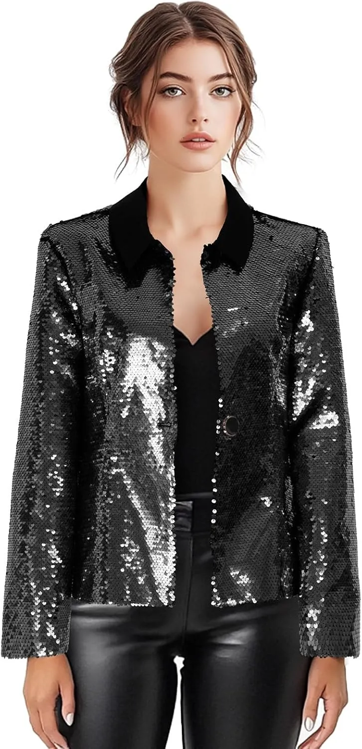 Women's Sequin Jackets Long Sleeves Single Button Casual Sparkly Coat with Pocket