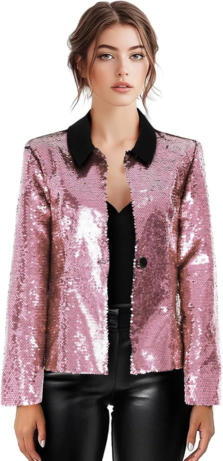 Women's Sequin Jackets Long Sleeves Single Button Casual Sparkly Coat with Pocket
