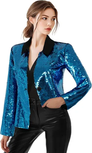 Women's Sequin Jackets Long Sleeves Single Button Casual Sparkly Coat with Pocket