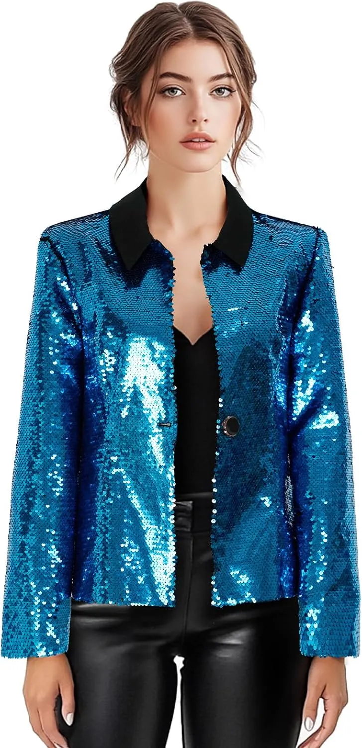 Women's Sequin Jackets Long Sleeves Single Button Casual Sparkly Coat with Pocket