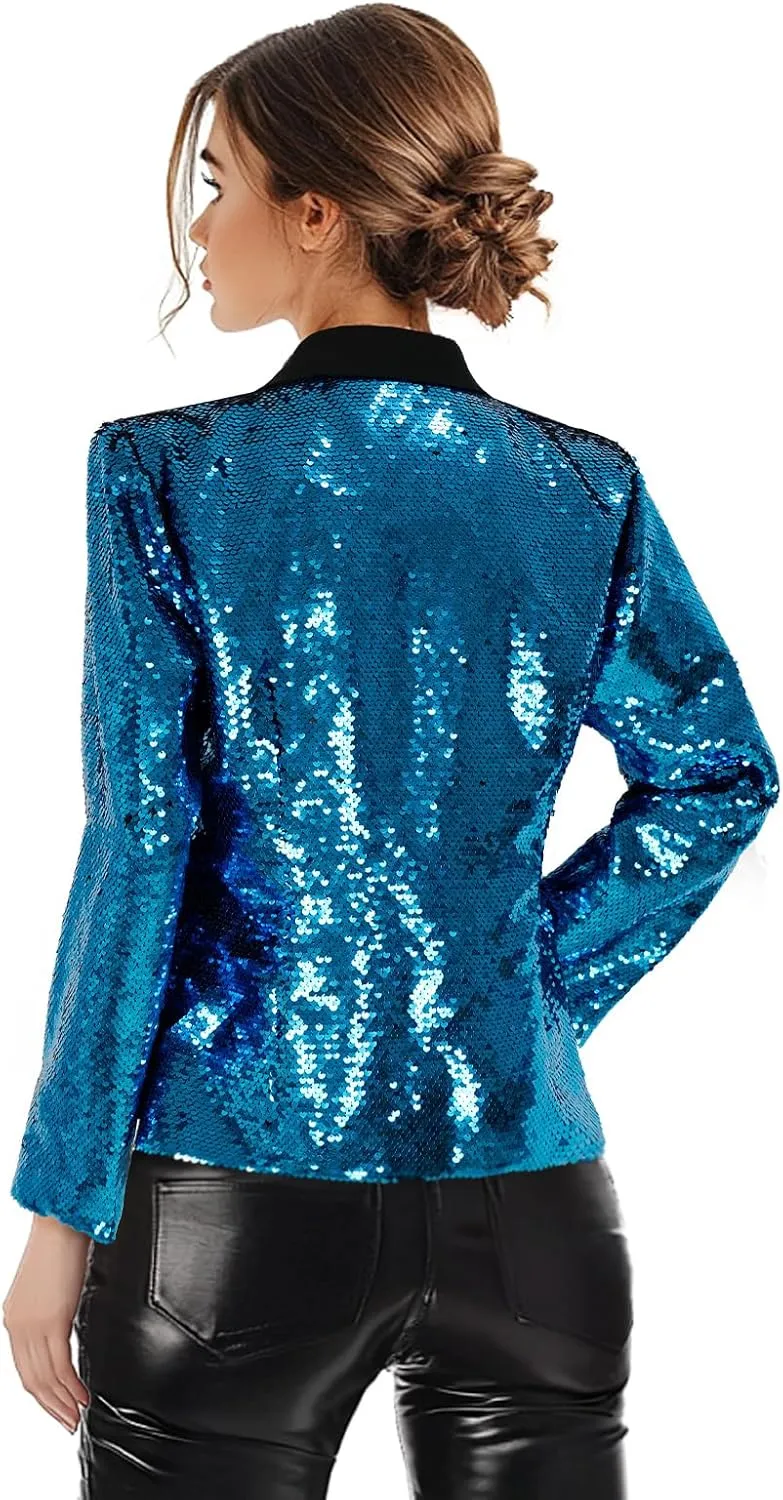 Women's Sequin Jackets Long Sleeves Single Button Casual Sparkly Coat with Pocket