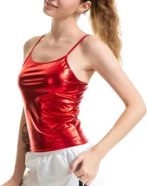Women's Shiny Metallic Camisole Wet Look Short Vest Spaghetti Straps Tank Top Party Club Dancewear Basic Strappy Cami