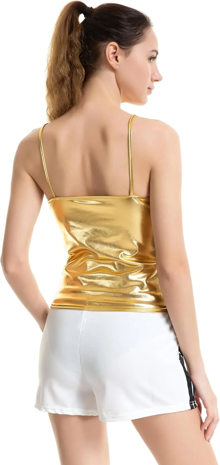 Women's Shiny Metallic Camisole Wet Look Short Vest Spaghetti Straps Tank Top Party Club Dancewear Basic Strappy Cami