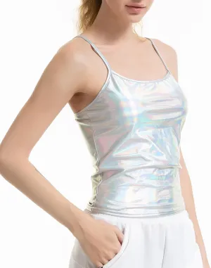 Women's Shiny Metallic Camisole Wet Look Short Vest Spaghetti Straps Tank Top Party Club Dancewear Basic Strappy Cami