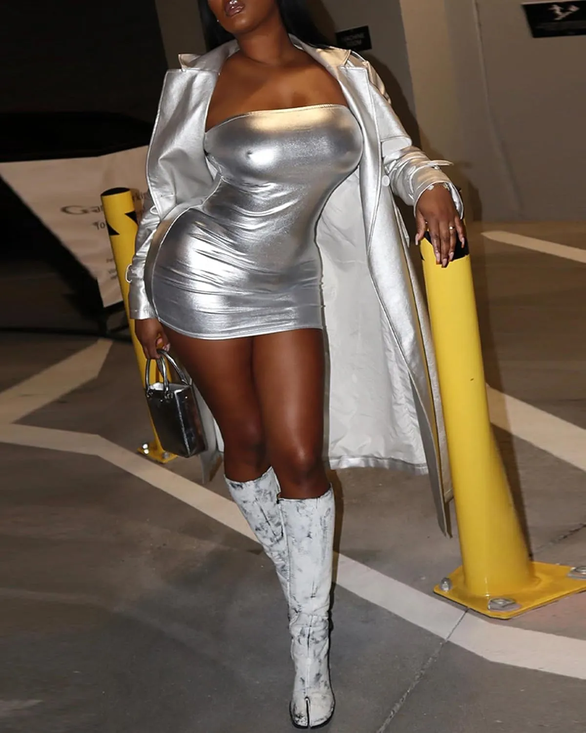 Women's Shiny Metallic Long Jacket Long Sleeve Lapels Open Front Trench Coat Outerwear with Belt
