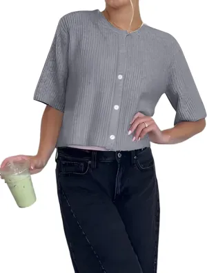 Womens Short Sleeve Cardigans Button Down Sweater Top Casual Slim Fit Crew Neck Lightweight Knit Cardigan