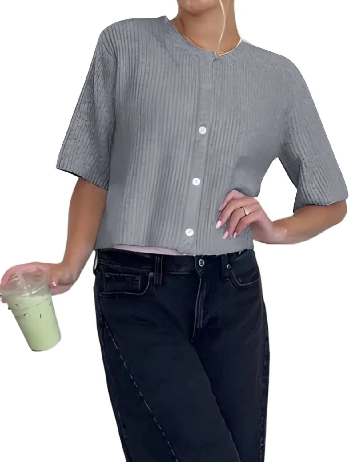 Womens Short Sleeve Cardigans Button Down Sweater Top Casual Slim Fit Crew Neck Lightweight Knit Cardigan