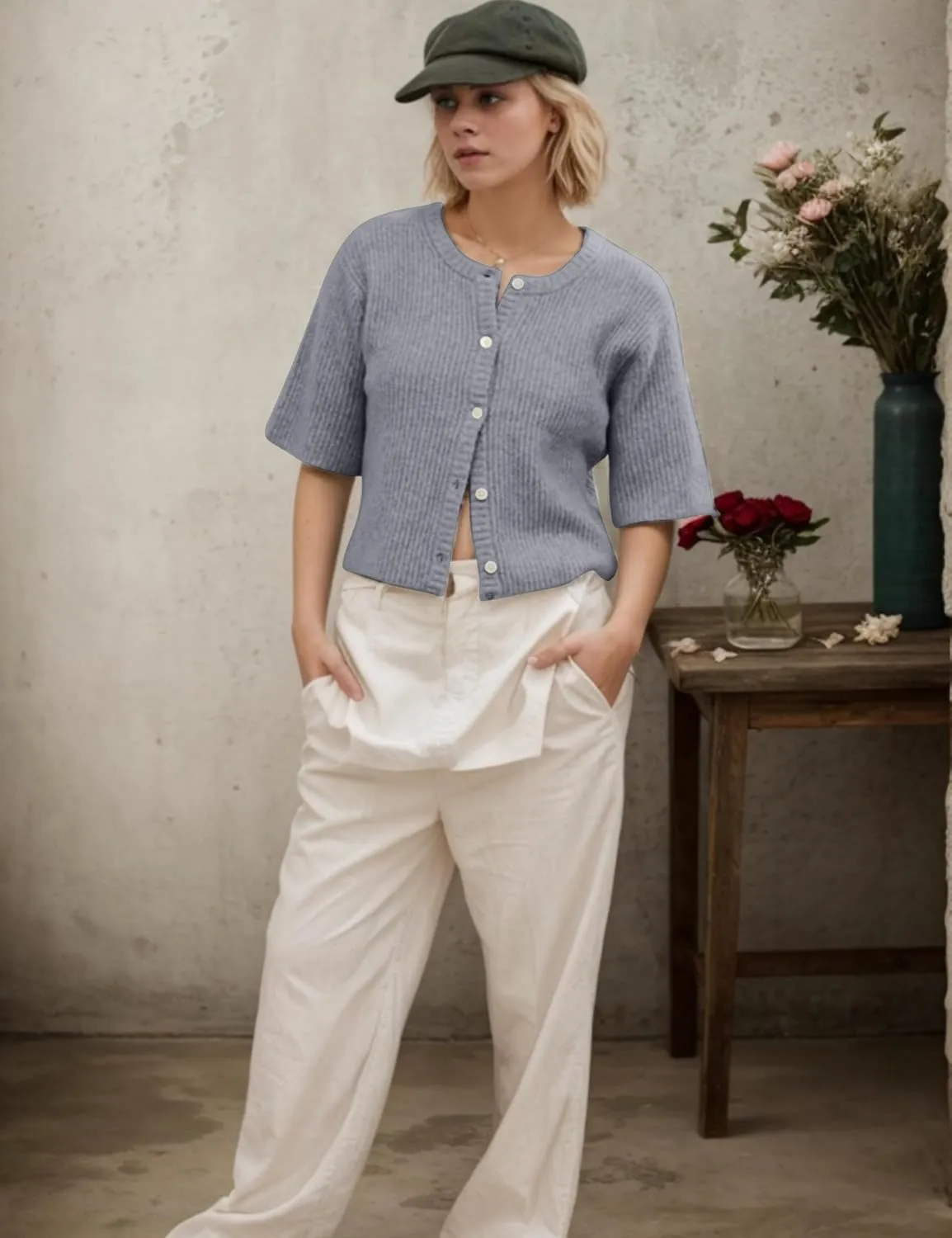 Womens Short Sleeve Cardigans Button Down Sweater Top Casual Slim Fit Crew Neck Lightweight Knit Cardigan