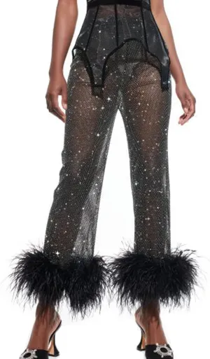 Women's Sparkly Sheer Mesh Fishnet Pants Feather Trim High Waist Shiny See Through Trousers Festival Club Rave Outfit