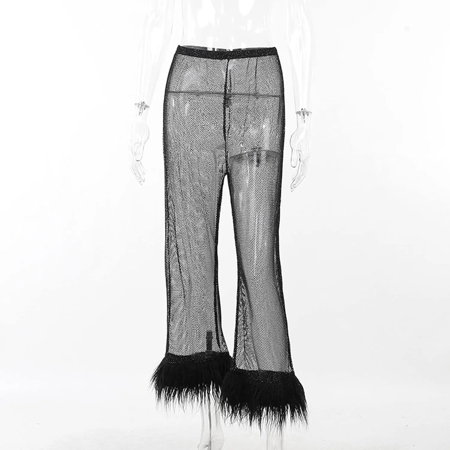 Women's Sparkly Sheer Mesh Fishnet Pants Feather Trim High Waist Shiny See Through Trousers Festival Club Rave Outfit