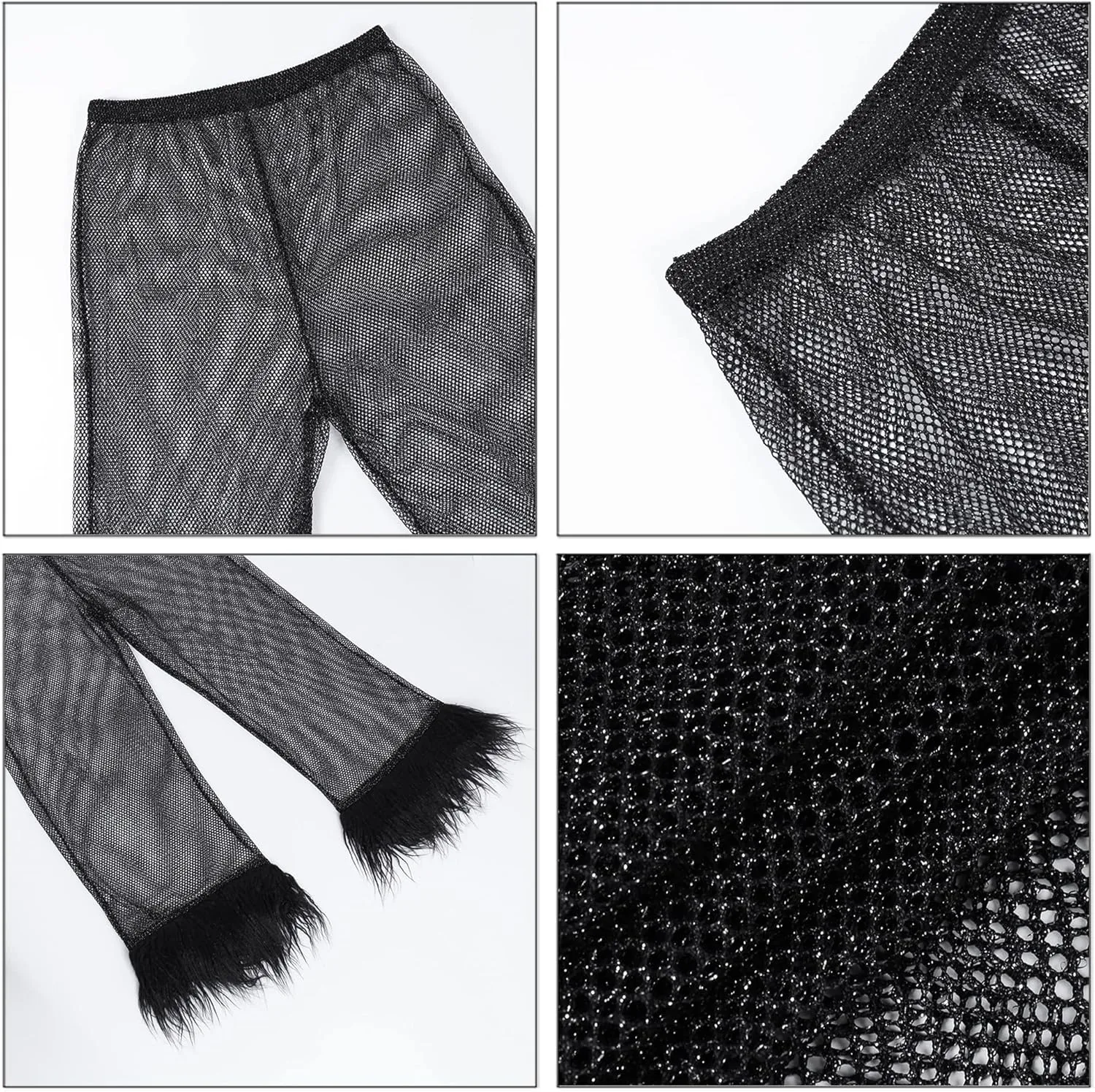 Women's Sparkly Sheer Mesh Fishnet Pants Feather Trim High Waist Shiny See Through Trousers Festival Club Rave Outfit