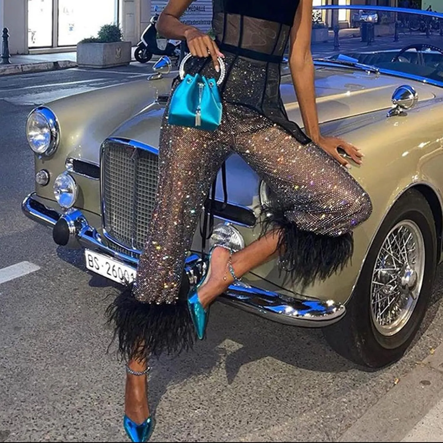 Women's Sparkly Sheer Mesh Fishnet Pants Feather Trim High Waist Shiny See Through Trousers Festival Club Rave Outfit