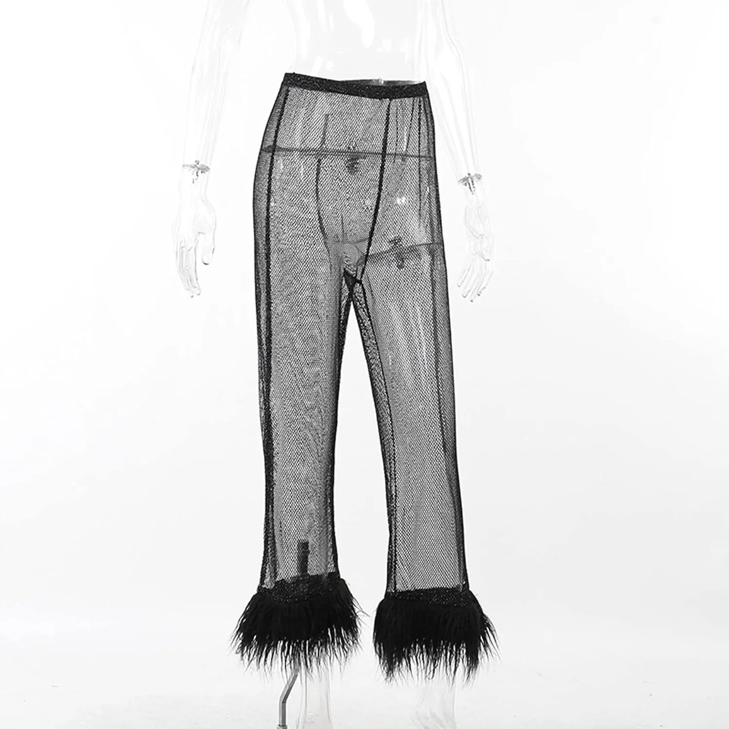 Women's Sparkly Sheer Mesh Fishnet Pants Feather Trim High Waist Shiny See Through Trousers Festival Club Rave Outfit