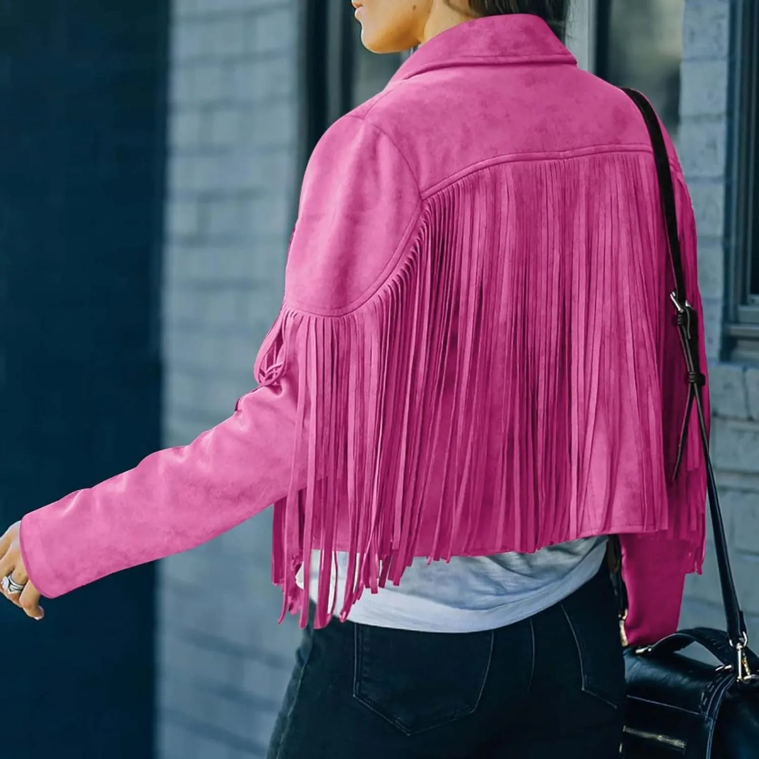 Women's Suede Fringe Jacket Trendy Long Sleeve Leather Coat Fashion Cropped Jacket Western Outfits with Tassel