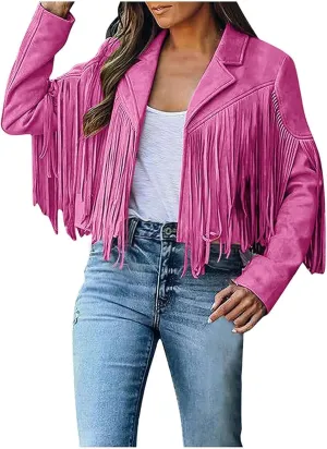 Women's Suede Fringe Jacket Trendy Long Sleeve Leather Coat Fashion Cropped Jacket Western Outfits with Tassel