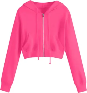 Womens Sweatshirt Trendy Zip up Drawstring Long Sleeve Cropped Hoodies Plus Size Casual Cute Comfy Jacket with Pocket