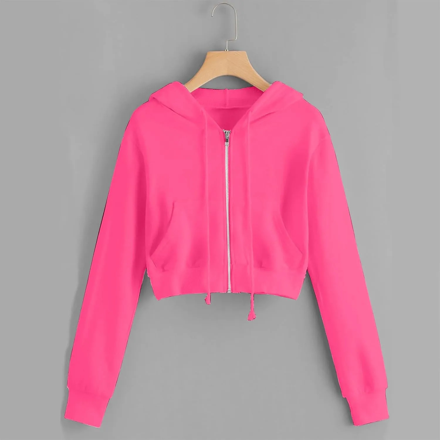 Womens Sweatshirt Trendy Zip up Drawstring Long Sleeve Cropped Hoodies Plus Size Casual Cute Comfy Jacket with Pocket
