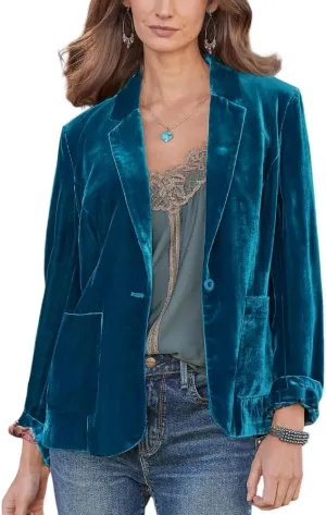 Womens Velvet Blazer Cozy Lightweight Outerwear Retro Button Long Sleeve Jacket Cardigan Coat Top Office Blazer Pockets