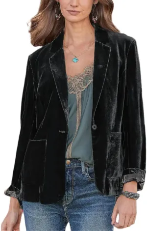 Womens Velvet Blazer Cozy Lightweight Outerwear Retro Button Long Sleeve Jacket Cardigan Coat Top Office Blazer Pockets