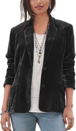 Womens Velvet Blazer Cozy Lightweight Outerwear Retro Button Long Sleeve Jacket Cardigan Coat Top Office Blazer Pockets