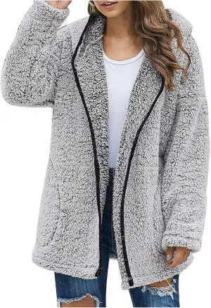 Womens Winter Coats Full Zip Fleece Open Front Cardigan Hoodie Oversized Soft Comfy Plush Sherpa Jacket with Pockets