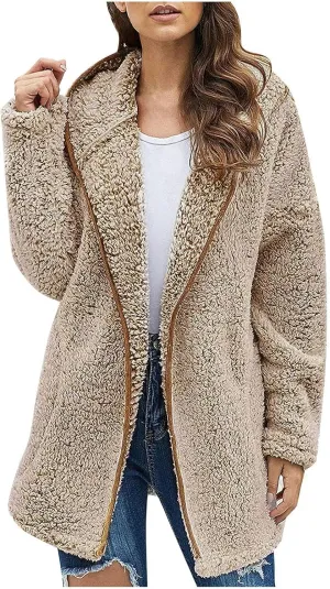 Womens Winter Coats Full Zip Fleece Open Front Cardigan Hoodie Oversized Soft Comfy Plush Sherpa Jacket with Pockets