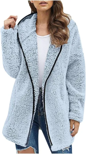 Womens Winter Coats Full Zip Fleece Open Front Cardigan Hoodie Oversized Soft Comfy Plush Sherpa Jacket with Pockets
