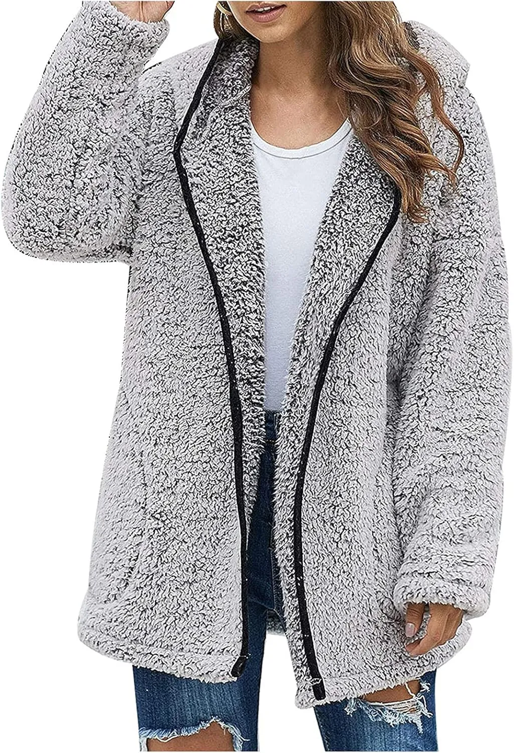Womens Winter Coats Full Zip Fleece Open Front Cardigan Hoodie Oversized Soft Comfy Plush Sherpa Jacket with Pockets