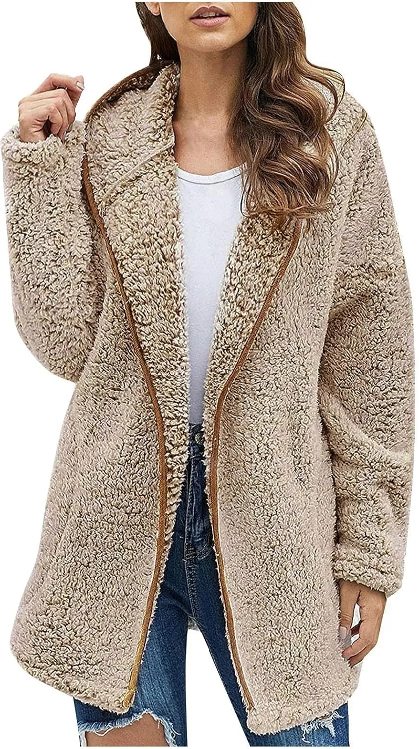 Womens Winter Coats Full Zip Fleece Open Front Cardigan Hoodie Oversized Soft Comfy Plush Sherpa Jacket with Pockets