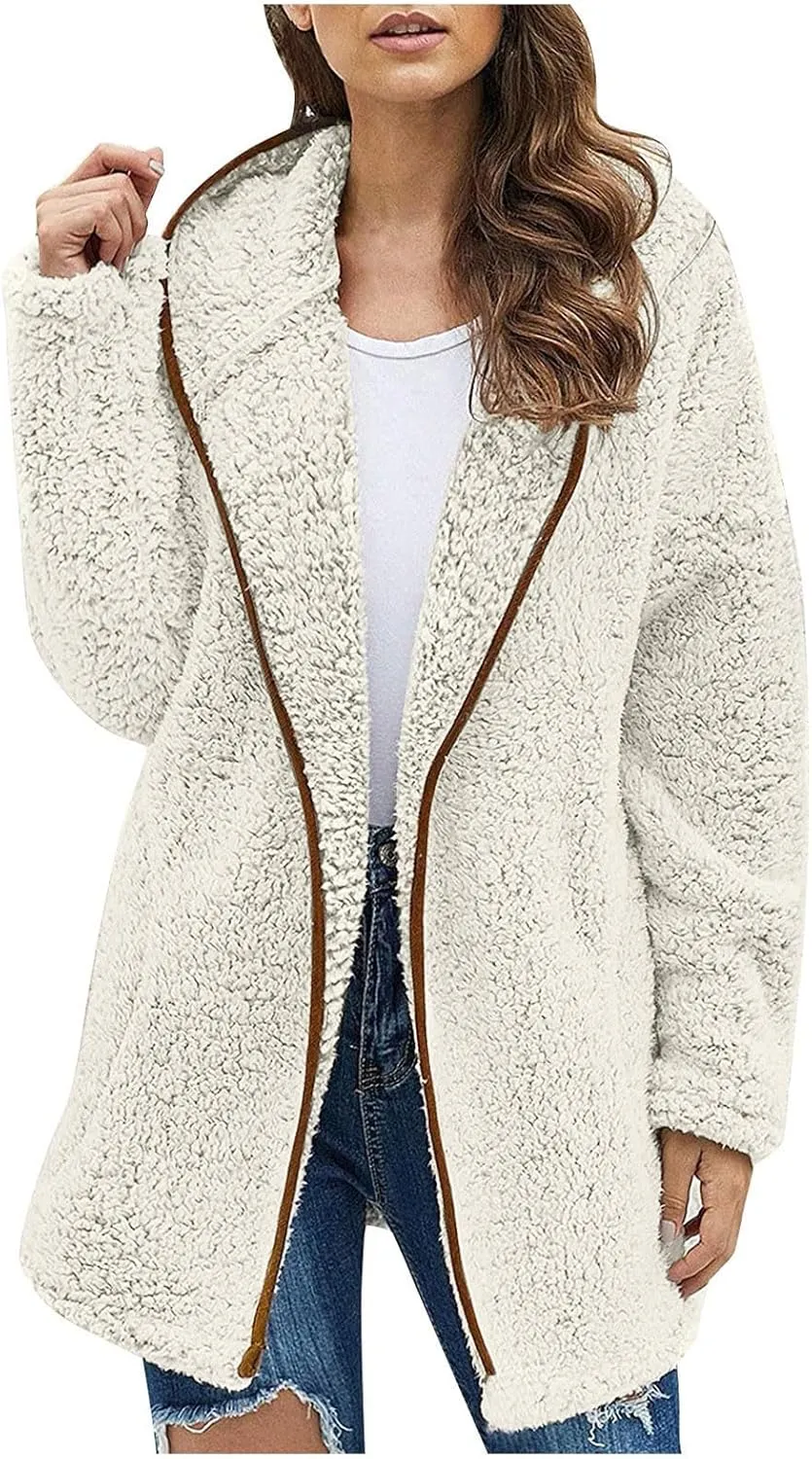 Womens Winter Coats Full Zip Fleece Open Front Cardigan Hoodie Oversized Soft Comfy Plush Sherpa Jacket with Pockets