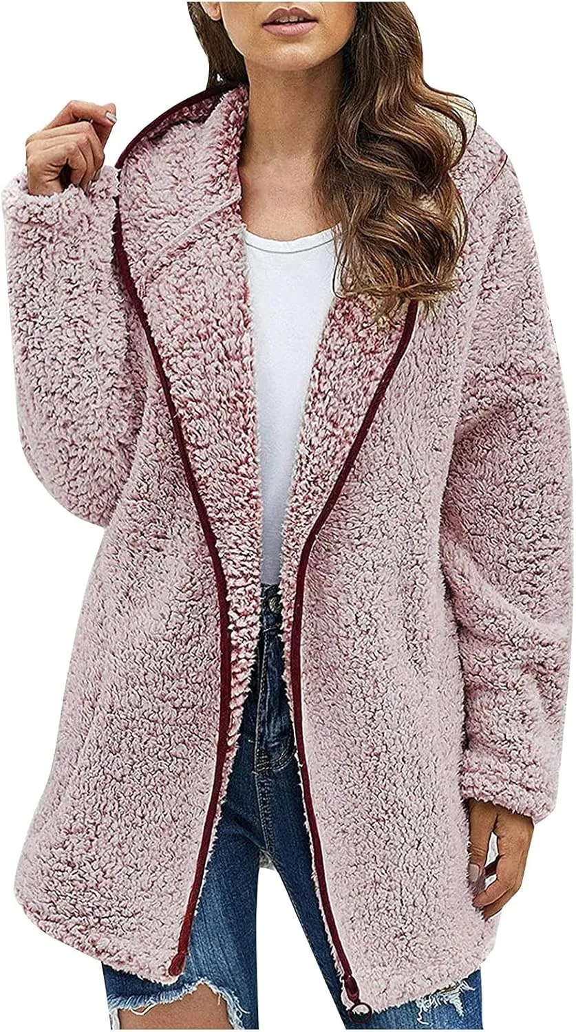 Womens Winter Coats Full Zip Fleece Open Front Cardigan Hoodie Oversized Soft Comfy Plush Sherpa Jacket with Pockets