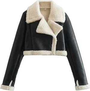 Womens Winter Jackets Casual Cropped Sherpa Lined Faux Leather Shacket Coat Trendy Fluzzy Fleece Collared Moto Biker Coat